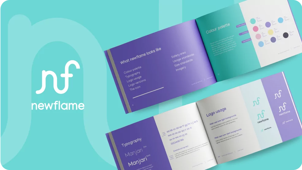 An open brand guidelines booklet for newflame, a web design agency, shown on a teal background. It displays logo usage, color palette, and typography details in purple, teal, and white sections. The nf logo and newflame text are visible on the left.