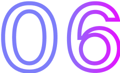 Large number “06” with a gradient outline transitioning from blue to pink, displayed on a black background—perfect for a web design agency focusing on AI SEO and modern digital aesthetics.