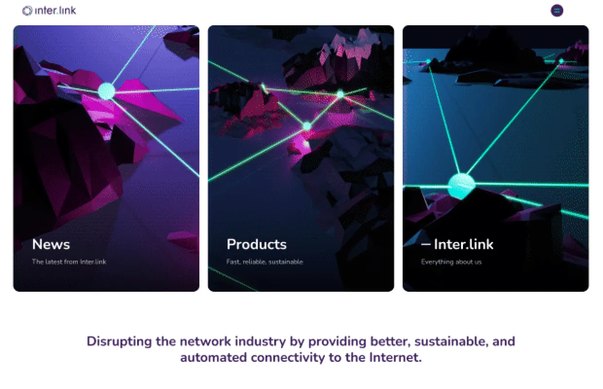 Three digital panels with abstract neon lines connect geometric shapes labeled News, Products, and Inter.link. Below, text reads: Disrupting the network industry with sustainable, automated connectivity—ideal for SEO-driven marketing agency solutions.