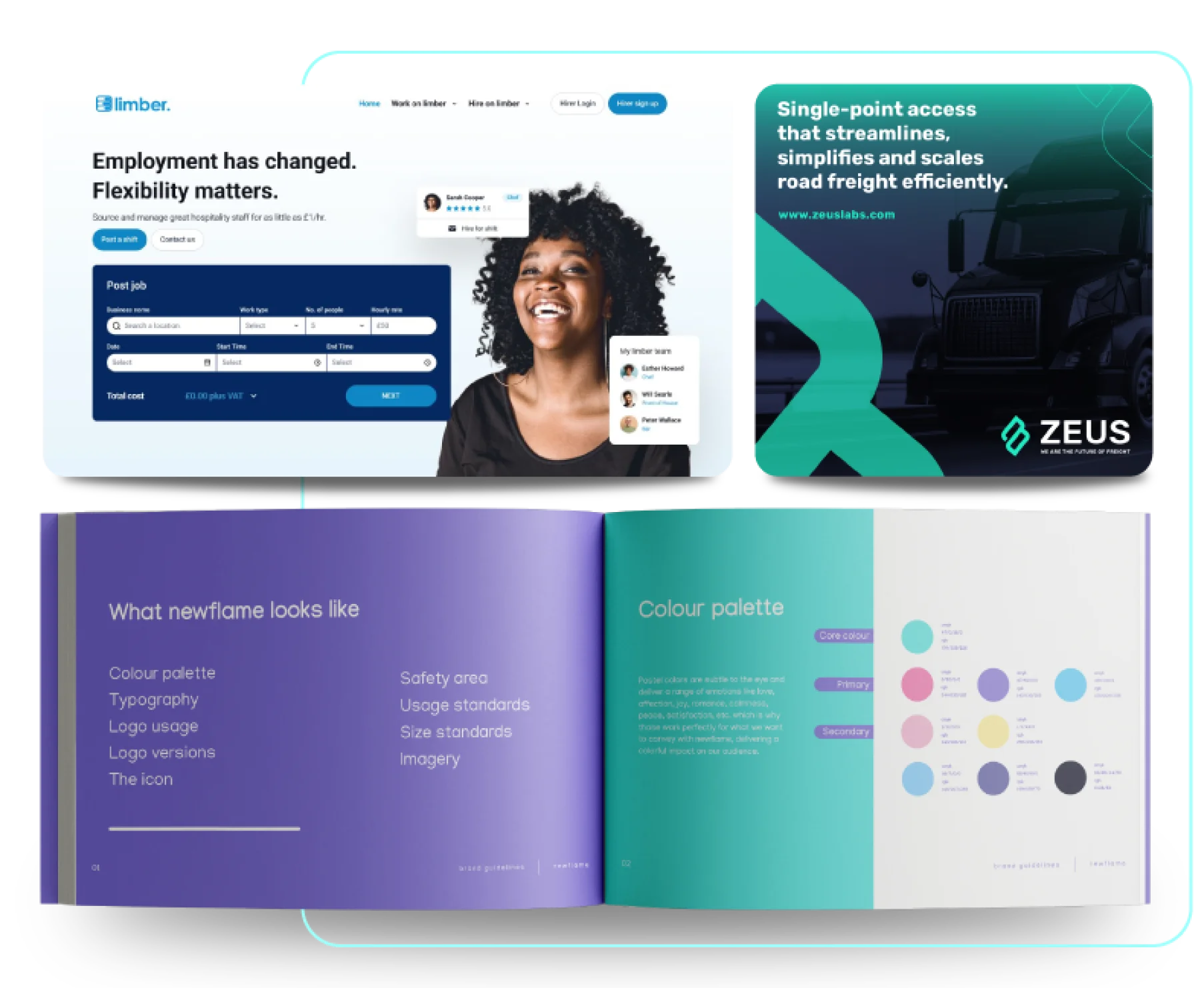A collage featuring a website about flexible employment, a green ZEUS road freight ad, and an open brand guidelines booklet—showcasing SEO strategies and digital marketing insights through vibrant web design agency visuals.