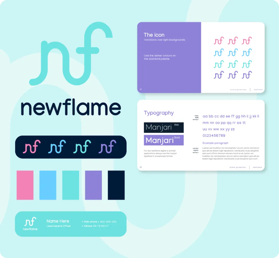 A brand style guide for newflame, crafted for a digital marketing agency, shows the logo, color palette of blues, purples, and pinks, icon variations, and typography featuring the Manjari font with examples of text and letterforms.
