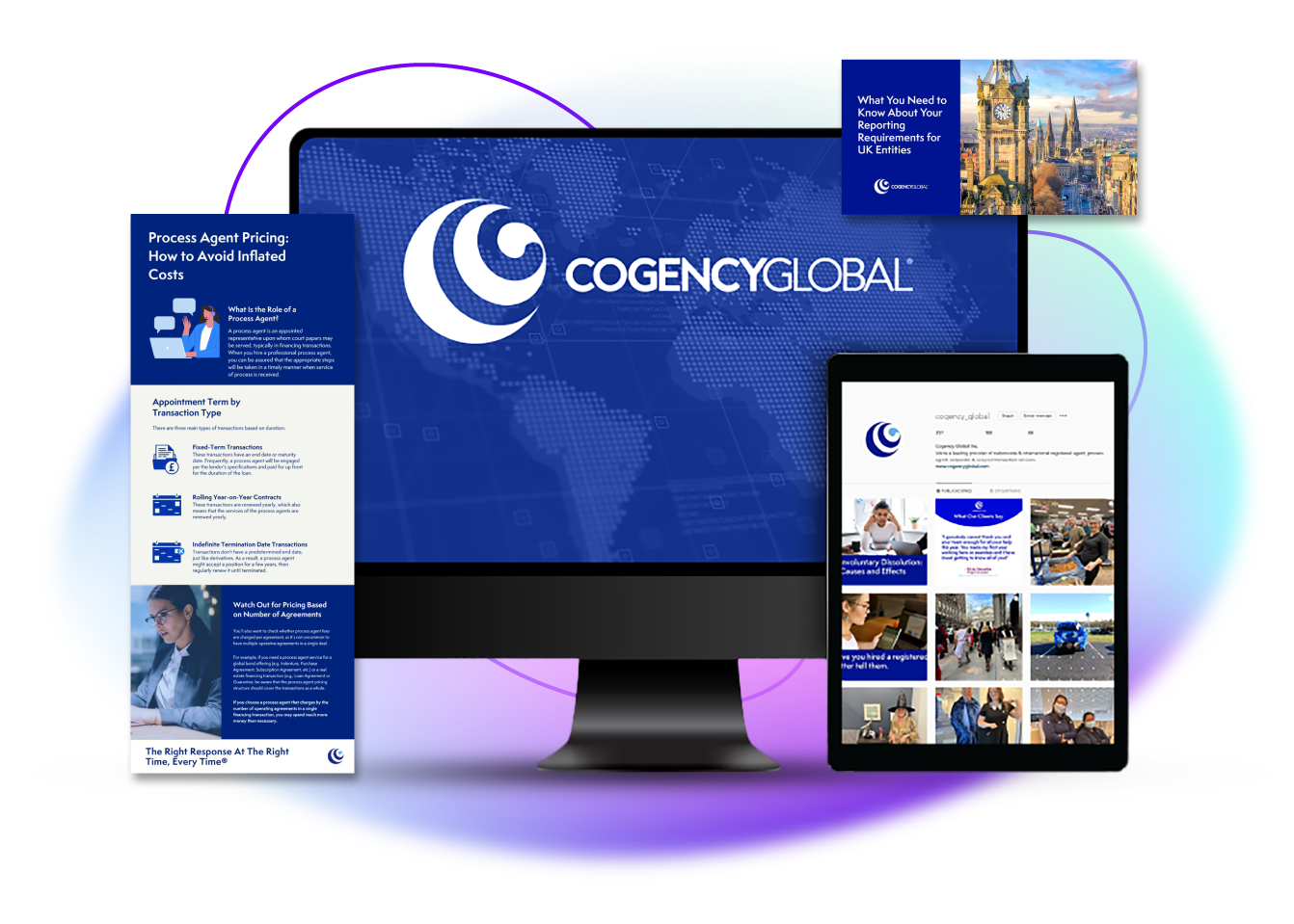 A desktop monitor, tablet, and brochure display COGENCY GLOBAL branding, highlighting digital and print materials with blue-themed graphics, text, a world map background, and modern SEO strategies designed by a leading web design agency.