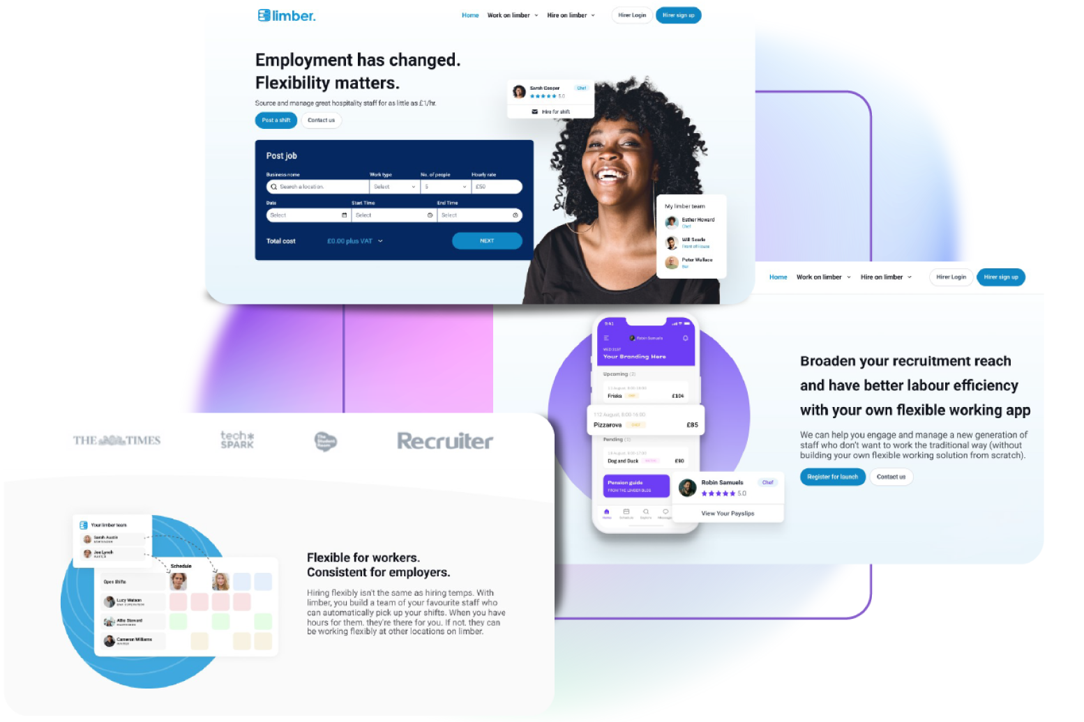 A collage of website interfaces showing job search features, a smiling woman, a calendar, and testimonials, highlighting flexible employment solutions and digital recruitment tools from a leading web design agency on a colorful abstract background.