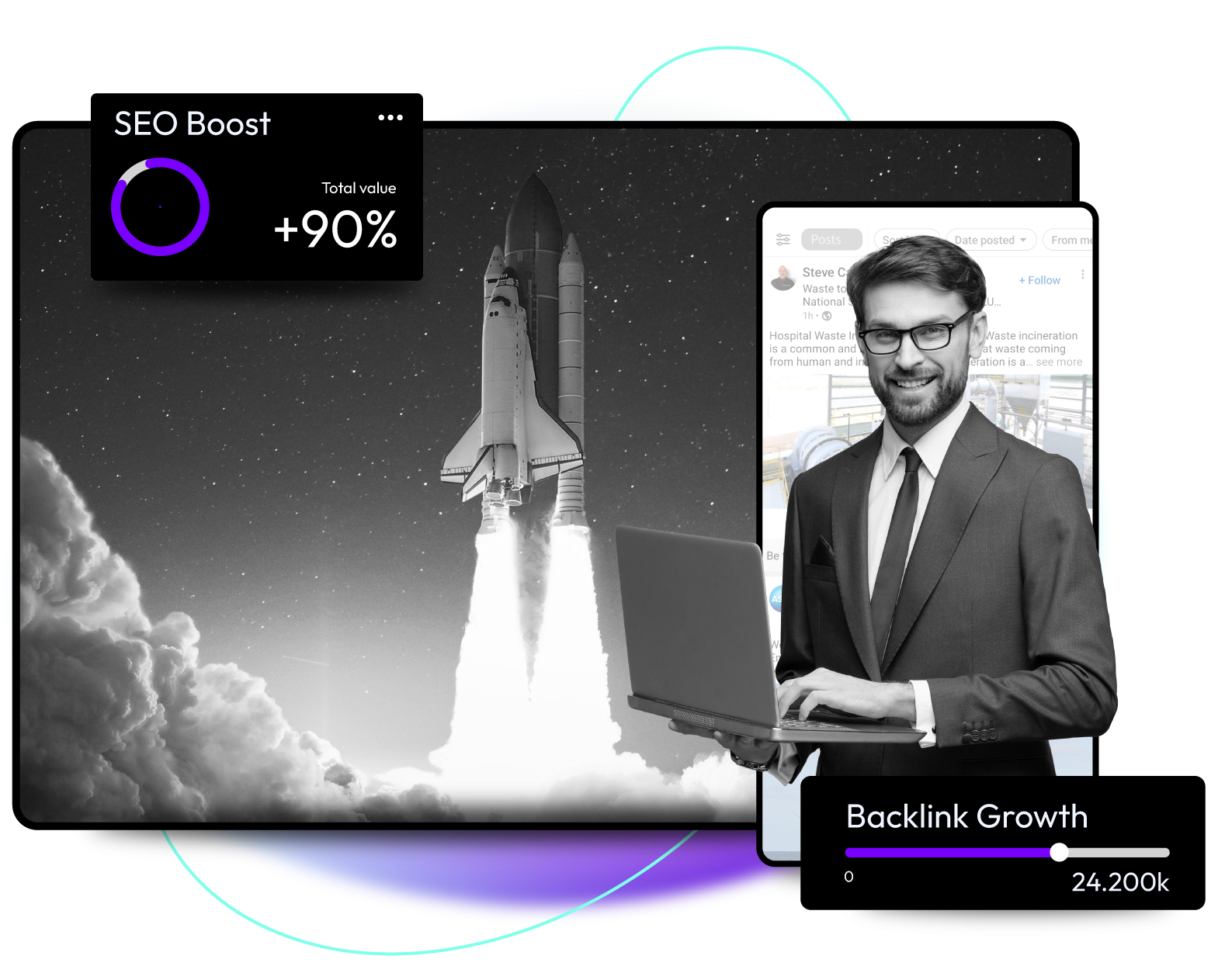 A grayscale image shows a space shuttle launching with smoke and clouds. An inset of a smiling man in a suit holding a laptop appears in the foreground, representing a web design agency. Graphics display “SEO Boost +90%” and “Backlink Growth 24.2k.”.